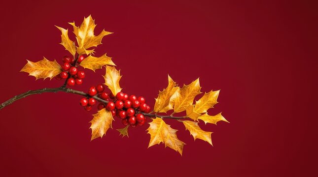 Ramo autunnale di pungitopo con eleganti foglie dorate e brillanti bacche rosse, isolato su uno sfondo tinta unita rosso intenso, foglia, tinta unita, dorato