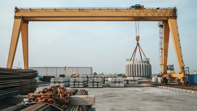 Industrial Crane Lifting Large Concrete Generator in Construction Site
