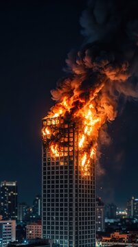Spectacular flames and dense smoke dramatically consume a generic city skyscraper at night, creating an intense, urgent urban disaster scene, metropolitan, dramatic, light