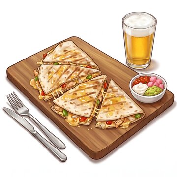 Cheesy Chicken Quesadilla with Beer and Cutlery on Wooden Board Illustration