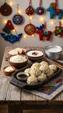Traditional food, buuz dumplings and dairy products on a wooden table, prepare for a winter celebration, with felt decor and festive atmosphere, life, warmth, customs