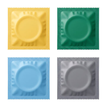 Four colorful condom packets arranged as contraceptive protection variety for safe intimacy and sexual health isolated on a transparent background