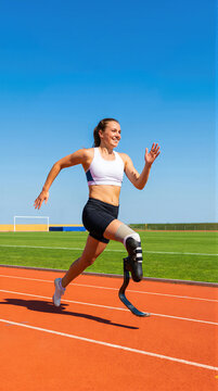 Woman paralympic athlete running on stadium track using high tech carbon fiber prosthetic leg. Determined runner training for competition. Concept of disability sports and motivation.