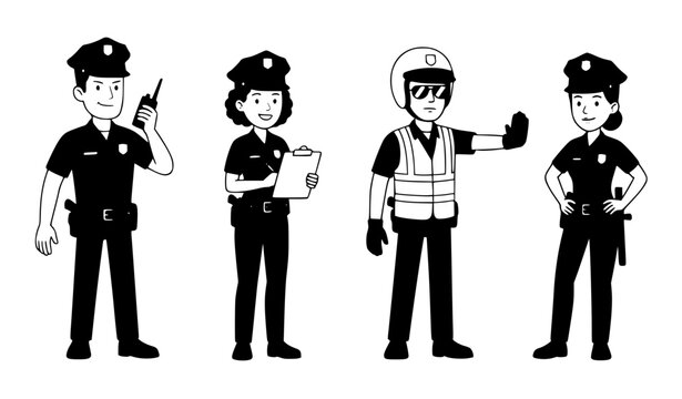 Cartoon police officers character set with male and female cops in uniform isolated vector illustration