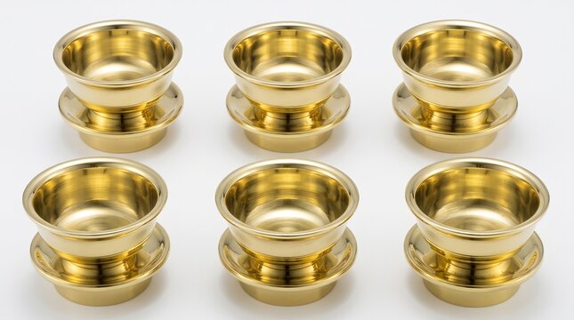 二列に並べた金色の六器 密教法具
