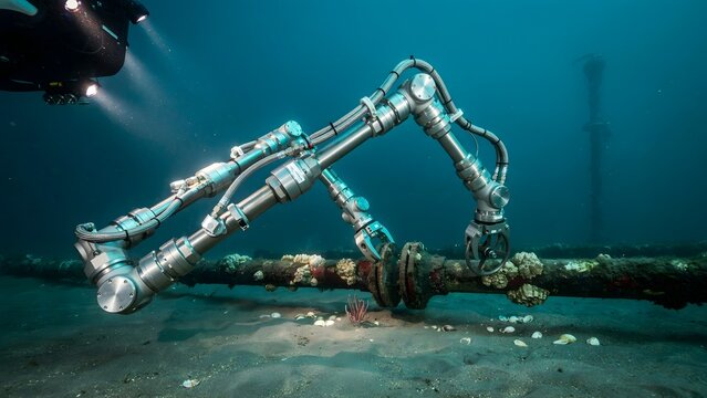 Decommissioned Metallic Robotic Arm Resting on Ocean Floor During Underwater Exploration