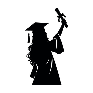 Female Graduate Silhouette with Cap and Diploma, Education Vector Illustration