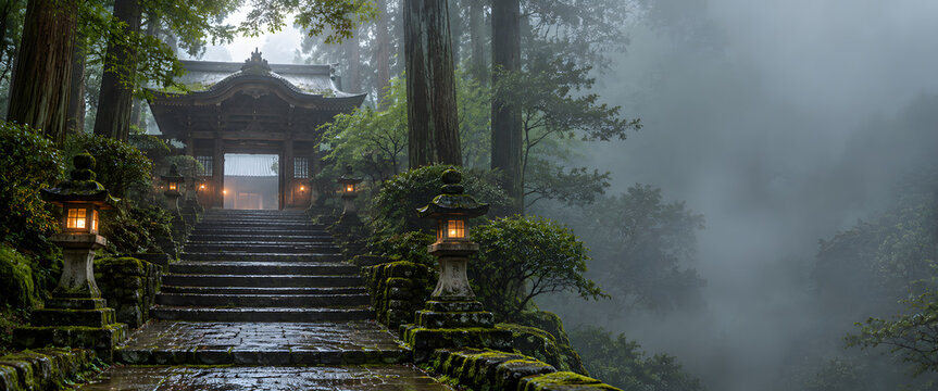 mystical temple steps in foggy forest