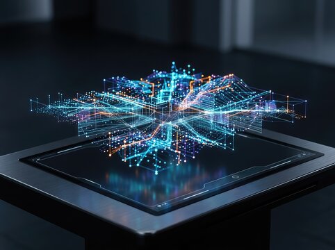 A three-dimensional digital holographic map displays illuminated data points and connecting light paths on a sleek, interactive terminal interface, glowing lines, interactive map, virtual