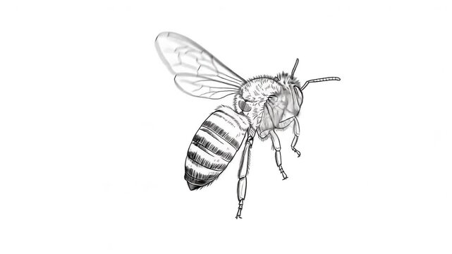 Detailed close-up illustration of a honey bee in flight showcasing anatomy and wings.