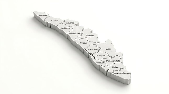 Kerala map in 3d render showing districts on white background