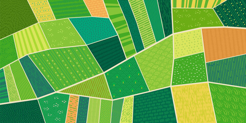 Obraz premium Rural farm field top view background, green agriculture plantation abstract pattern. Aerial map of countryside landscape top view with green grass meadow and vineyard, corn rice and wheat farm fields