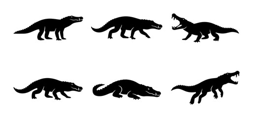 Obraz premium Crocodile Silhouettes, Reptile Icon Set, Alligator Poses, Wildlife Vector Graphics