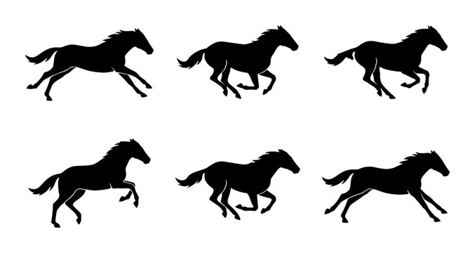 Six Silhouette Horse Animation Frames, Galloping Equine Motion Sequence, Black Animal Vector Art