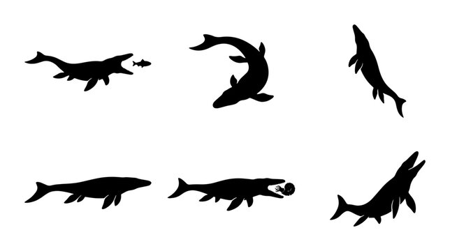Ancient Marine Reptile Silhouettes, Prehistoric Ichthyosaur Vector Icons, Ocean Predator Set