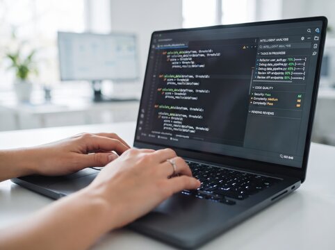 Close-up view of software developer hands typing code on a laptop computer displaying IDE programming syntax and code quality analysis in a bright modern office.