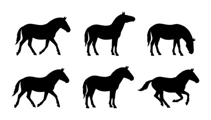 Obraz premium Horse Silhouettes Collection: Galloping, Standing, Grazing Equine Vector Icons