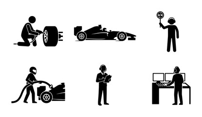 Fototapeta premium Formula 1 Pit Stop Icons: Racing Car, Mechanic, Refueling, Strategy, Control Room, Driver