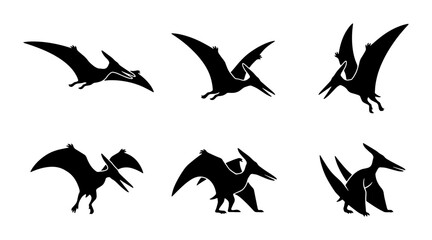 Pterodactyl Silhouettes, Flying Dinosaur Icons, Prehistoric Creature Vector Set © Ridhi