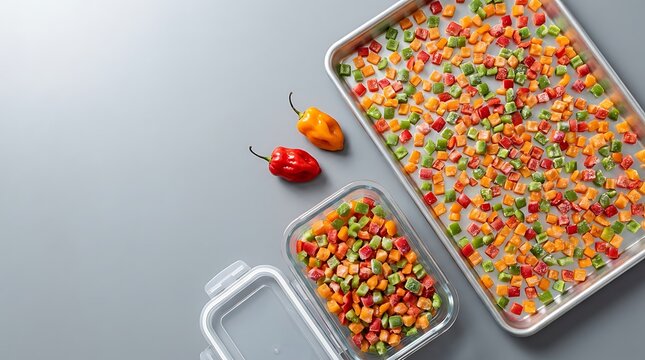 Aji dulce peppers diced and frozen on a baking sheet next to whole pods and a glass storage container