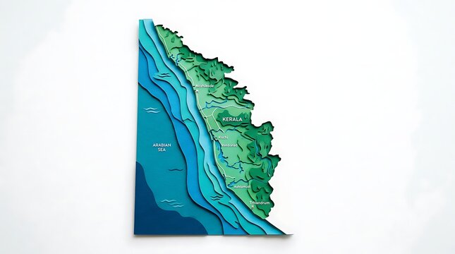 Kerala map with 3d papercut topography and coastal waters