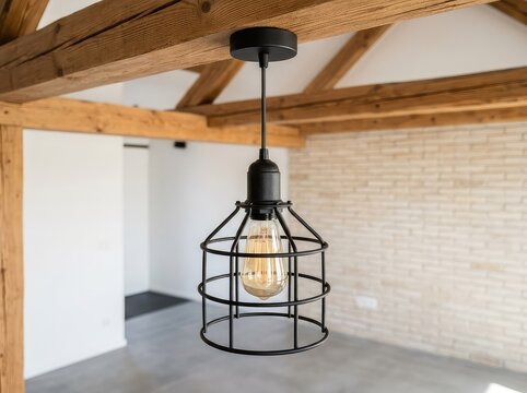 Lampada a sospensione industriale in metallo nero con gabbia protettiva aperta, montata a soffitto su travi di legno in un loft rustico e moderno, spazio, design, lampada a sospensione