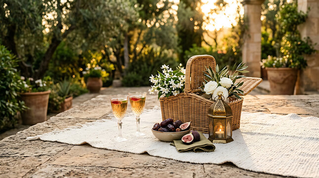Romantic outdoor picnic setting with wine glasses figs and a wicker basket in a beautiful garden at sunset