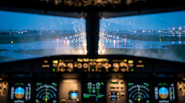 Airplane Cockpit Window Showing Rainy Runway Lights