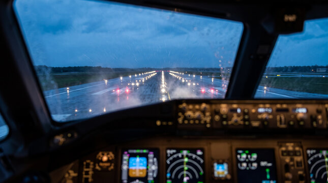 Flight Deck View of Rainy Runway Approach