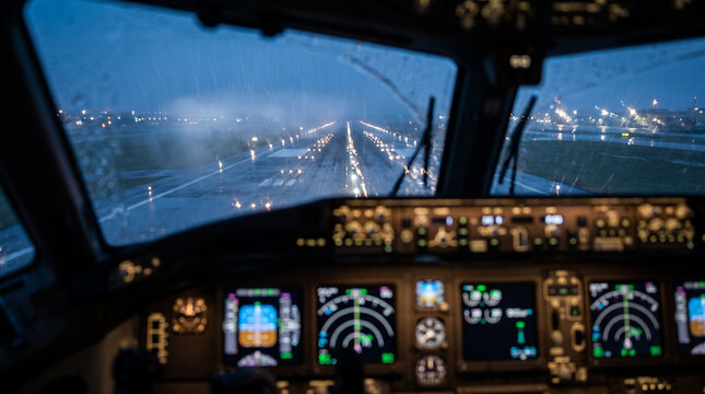 Rainy Night Landing Seen from Aircraft Cockpit