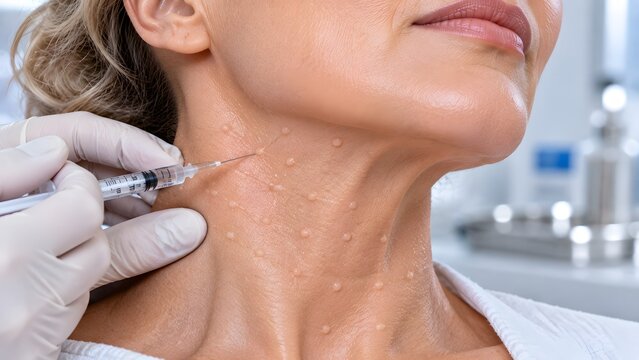 Mesobotox micro injections technique on patient neck for skin texture improvement