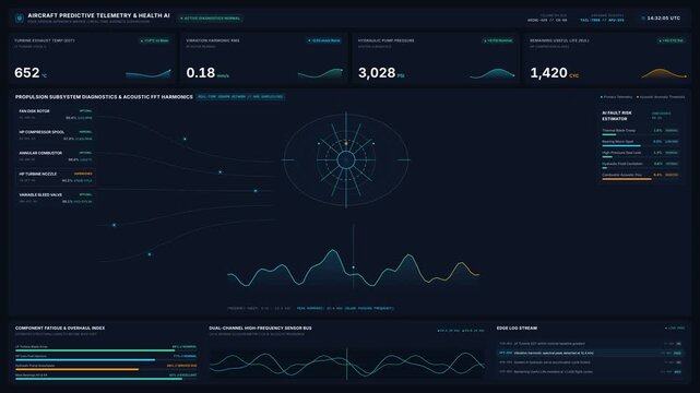Aircraft predictive telemetry dashboard for turbine exhaust temp, vibration monitoring rms, hydraulic pump pressure data graphs, for aerospace engineering, diagnostics, aviation, flight