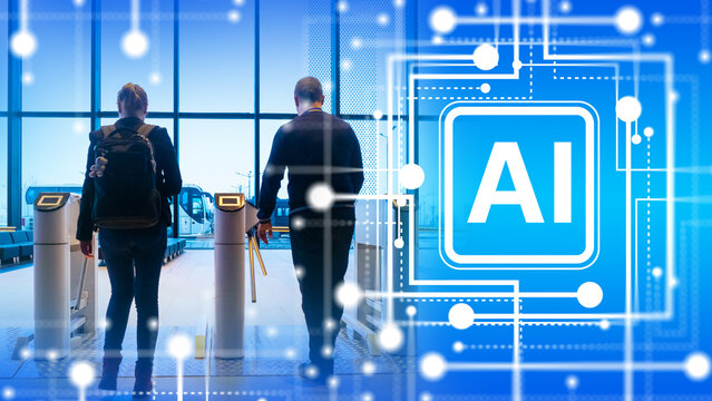 Public transport, AI technology controls automated passenger access and smart ticketing as travelers pass through electronic gates at a bus terminal.