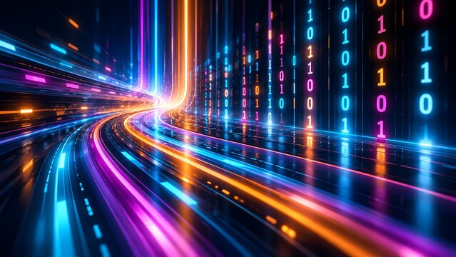 Abstract digital data flow with glowing neon light trails and binary code representing high-speed network communication