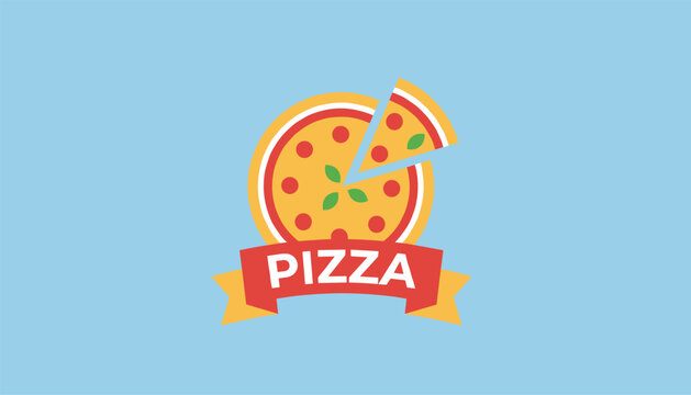 Creative pizza logo or label featuring a whole pizza with a separated slice and red text ribbon banner.