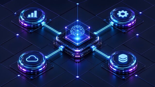 Artificial intelligence (AI) brain core connecting to data analytics, cloud computing, database, and system settings in a futuristic digital network.