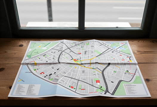 Travel planning and navigation, paper city map spread on a wooden windowsill for vacation route discovery and urban exploration in a quiet room