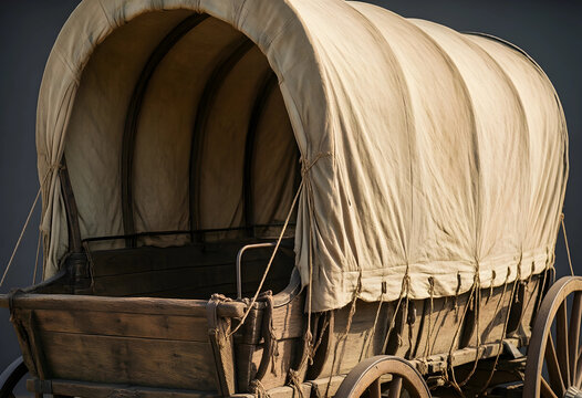 Westward expansion and pioneer history, vintage wooden covered wagon with canvas top for frontier travel and migration in the American Old west