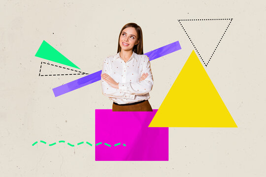 Composite sketch design artwork 3D collage of portrait young woman stand posing smile vibrant color figure workspace professional job hr