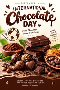 International Chocolate Day celebration poster with rich dark chocolate indulgence