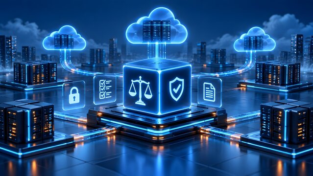 Cloud computing network with data security, legal compliance, and privacy concepts represented by glowing icons and server infrastructure