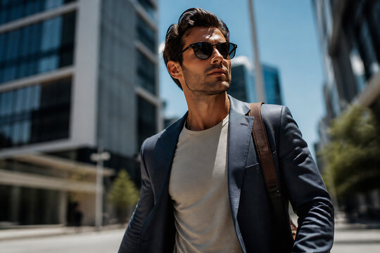 A stylish man wearing a suit and sunglasses walks on an urban street under a bright sky.