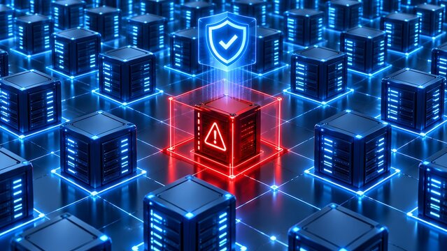 Cybersecurity threat detection and data protection concept with a vulnerable server highlighted in a secure network