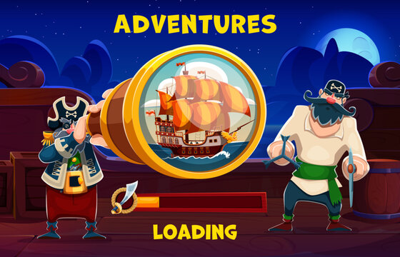 Pirate adventure countdown loading bar, game UI. Cartoon pirate captain and sailor standing on ship deck and looking through spyglass telescope at sailboat, game loading screen with progress bar