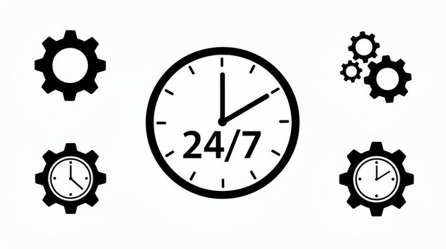 A black and white graphic showing a 24/7 clock surrounded by gears and clock icons, symbolizing continuous operation and time management.
