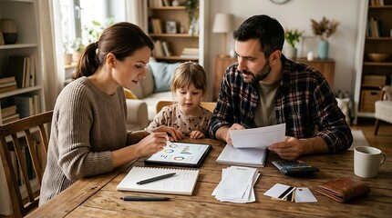 Fototapeta premium Family Budgeting at Home: Parents Review Finances with Child, Managing Expenses