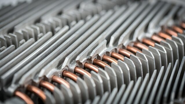 Close-up of a computer heatsink with copper heat pipes and aluminum fins for cooling