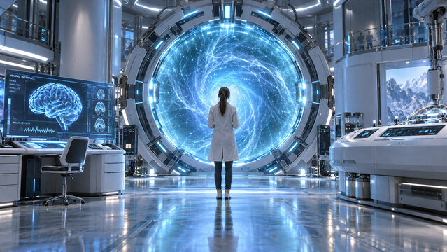 Scientist standing in front of futuristic portal in laboratory
