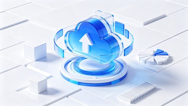 Cloud upload symbol with circular interface and analytics chart elements in clean blue 3D design, idea for online storage, data backup, cloud computing and business technology