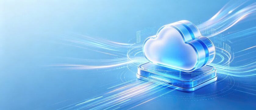 Futuristic cloud computing platform with glowing data streams and blue background with copy space, idea for online storage, networking, hosting and fast data transfer